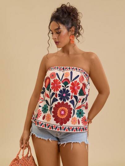 Travachic 大码女式母亲节夏季花卉印花宽松抹胸上衣