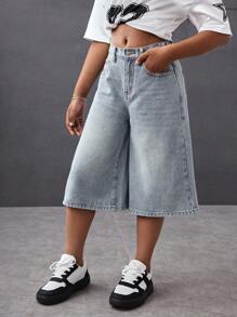 SHEIN Short en jean ample retro lavé bleu clair à taille haute, style streetwear décontracté polyvalent pour préadolescentes, shorts en jean ample long jambe large, shorts d'été bohème pour vacances à la plage, tenues casual pour concerts d'été et festivals, tenues d'été pour brunch, église, remise de diplômes, tenues de rentrée scolaire streetwear