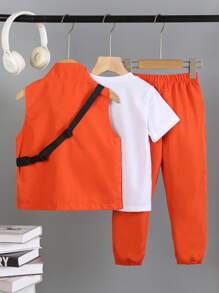 Set de 4 piezas para niños: Camiseta de manga corta casual + Chaleco sin mangas + Pantalones sueltos de cintura elástica + Bolso bandolera, ligero y cómodo para uso al aire libre