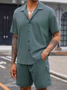 Manfinity Homme Bộ 2 áo sơ mi tay ngắn màu trơn thường ngày và quần short cho nam, Bộ đồ hai mảnh thường ngày mùa hè cho nam Bộ đồ nam Áo sơ mi nam Phối đồ nam Trang phục mùa hè cho nam Bộ đồ áo sơ mi nam Phối đồ nam 2 món Trang phục mùa hè rộng rãi cho nam mùa hè - Màu xanh lam - Xem 4