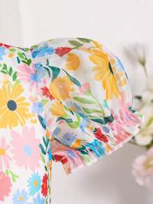 SHEIN Glamorique Kids 女童夏季花卉欧根纱V领公主裙 - 彩色 - 查看 6