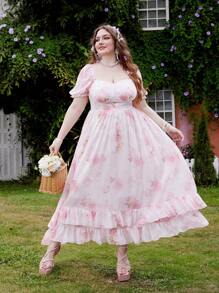 Lyrianda 大码女式花卉印花荷叶边袖雪纺优雅连衣裙