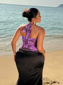 SHEIN SunnyBelle Áo tank top cổ yếm bằng vải lưới, họa tiết hoa loa kèn và da báo, kiểu dáng thon gọn, gợi cảm, thích hợp cho kỳ nghỉ hè. - Màu tím - Xem 2