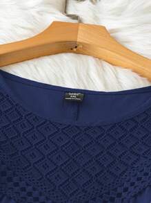 SHEIN LUNE Plus Size Solid Color Lace Patchwork Round Neck Summer Casual Top - Navy Blue - View 3