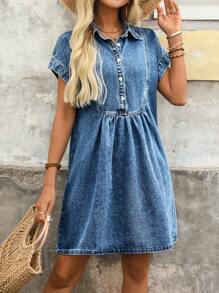 Breezaya Women's Fashionable Distressed Denim Collar Dress, Flattering And Slimming