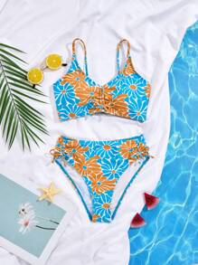Tween Girl Retro Daisy Print Bikini Set, Family Matching Outfits Mommy And Me (4 Sets Sold Separately) - Multicolor - View 3