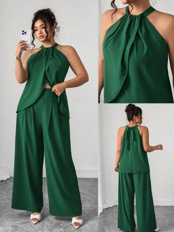 Elenzga Conjunto de top halter y pantalones de pierna ancha de unicolor para mujer de talla grande y suelto