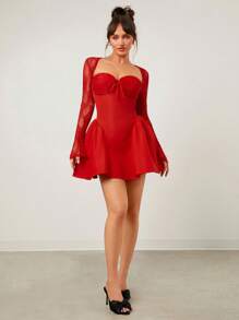 SHEIN SXY 节日服装红裙圣诞派对舞会红色蕾丝长袖公主芭蕾舞短裙性感迷你连衣裙；秋季女装；节日派对礼服；新年前夜礼服；新年女装 - 紅色 - 查看 5