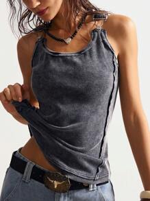 Bohemela Áo tank top nữ dệt kim màu trơn, phong cách boho, không tay, kiểu dáng thường ngày, đã qua xử lý giặt. - màu đen - Xem 2