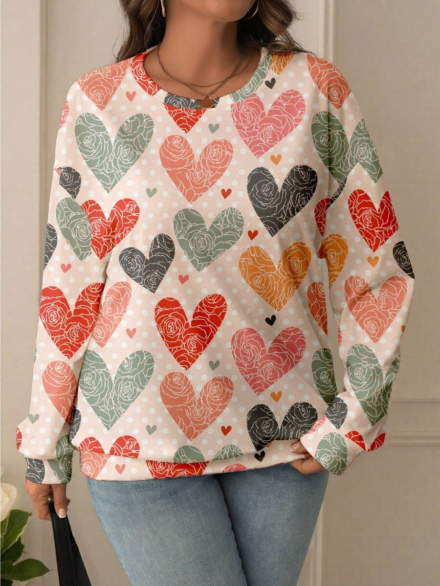 大码女式彩色爱心波点印花圆领长袖卫衣，适合毕业季、返校季、教师节等场合，秋季返校套头衫