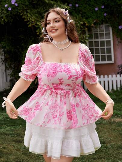 Lyrianda Plus Size Romantic Square Collar Ruched A-Line Shirt