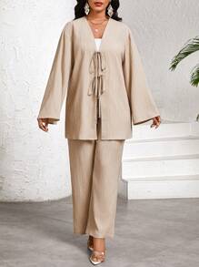 SHEIN Lady Bộ 2 món áo dài tay buộc nơ phía trước cho nữ và quần dài, bộ đồ hai mảnh màu kaki trơn dành cho nữ - Màu Khaki - Xem 3