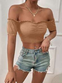 Chiquease Women's Summer Solid Color Ruffle One Shoulder Short Sleeve Cropped T-Shirt - Brown - View 5