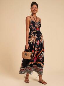 Travachic Women's Palm Tree Print Casual Cami Midi Dress For Vacation,Tropical Print Midi Dress,