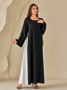 Al Najma Contrast Color Round Neck Elegant Long Sleeve Arabian Dress, Modest - Black - View 5