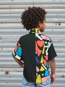 Young Girl's Woven Geometric Pattern Casual Shirt - Black - View 2