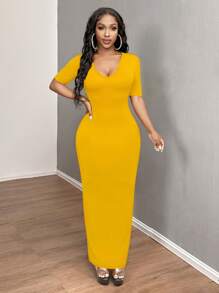 SHEIN SXY 女士纯色 V 领紧身短袖连衣裙 Hoco Dresses - 黃色 - 查看 6