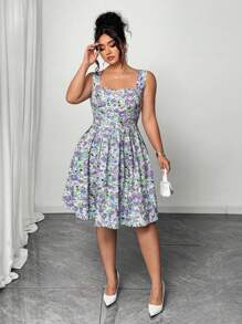 Elenzga 大码女式浪漫节日 A 字形荷叶边玫瑰印花吊带连衣裙，适合夏季、返校、毕业典礼、节日、情人节、音乐节、母亲节、万圣节、感恩节、复活节、国庆节、舞会、约会、派对、婚礼、户外