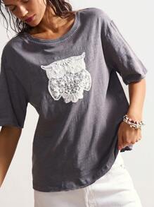 Bohemela BOHO Women's Loose Solid Color Crew Neck Short Sleeve T-Shirt - Grey - View 3