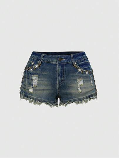 J-Fashion Women's Casual Washed Ripped Metal Eyelet Frayed Hem Denim Shorts, Summer