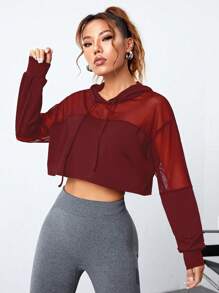 SHEIN Sports Solid Color Mesh Patchwork Hooded Long Sleeve Sweatshirt