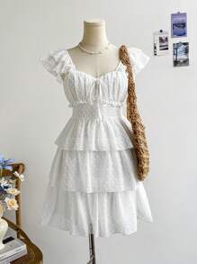 Soleia Women's Cottage Core White Polka Dot Tea Party Summer Mini Dress,Vacation Rural Floral Mesh Ruffle Spaghetti Strap Ruffled Hem,Wedding - White - View 7
