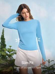 In My Nature In My Nature Damen Einfarbiges Crew Neck Langarm Lässig Fitness Outdoor T-Shirt Wanderkleidung für Frauen