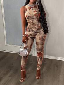 Slaydiva New Spring And Summer Casual Street Sexy Small Stand-Up Collar Sleeveless Slim Trousers With Full Apricot Bottom Rose Dragon Print Mesh Print Women's Tight Jumpsuit-B