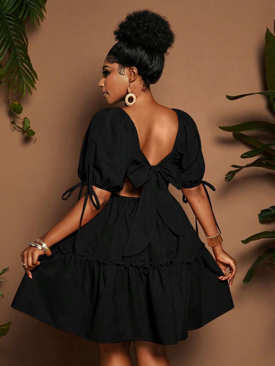 Maweii Robe d'été unie à volants avec nœud sur le dos grande taille