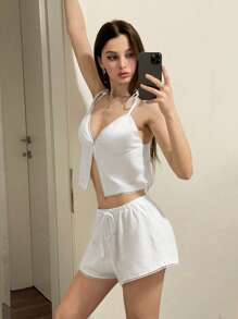 Sweetina 2 bộ đồ mùa hè đi chơi bãi biển trắng Hawaii vải lanh hai mảnh cho phụ nữ trang phục hàng ngày0-R trang phục phương Tây cho phụ nữ - trắng - Xem 5