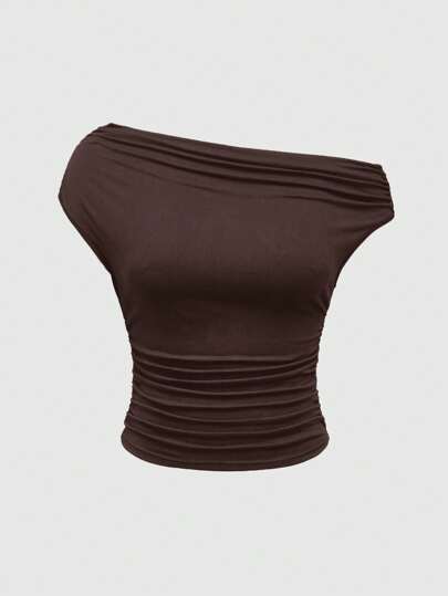 ROMWE Grunge Punk Spring/Summer Carnival Party Casual Black Y2K Shibuya Gyaru Millennium Vintage Revived Tight Shoulder Ruched Women T-Shirt