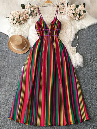 SHEIN Tall 浪漫假日彩虹条纹V领露背A字夏季连衣裙