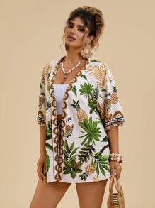 Travachic Set da 2 pezzi per taglie comode, adatto per le vacanze estive: camicia stampata con alberi di cocco e pantaloncini