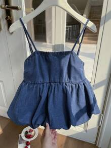 SHEIN EZwear 女士夏季荷叶边水洗牛仔吊带背心、娃娃装上衣 - 藍色 - 查看 3