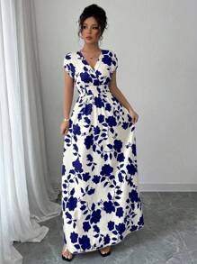SHEIN PETITE Vestido largo con estampado de silueta floral para mujeres - Multicolor - Ver 3