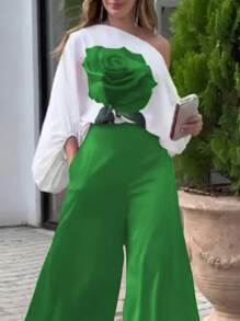 INAWLY Women's Floral Print Asymmetrical Neck Casual Vacation Shirt Fall Cloth For Women - Green - View 2