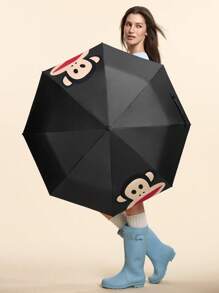 Paul Frank X SHEIN 1 pieza Paraguas automático de triple pliegue con estampado de diseño de dibujos animados lindos, con función de protección solar, adecuado para la escuela, el trabajo, las salidas y el uso diario, diseñado para estudiantes universitarios, estudiantes de secundaria, usuarios masculinos y femeninos, mono - Negro - Ver 4
