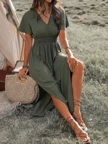 SHEIN PETITE Robe de plage bohème à taille froncée pour femme pour le printemps/été, robe casual pour les trajets, ourlet asymétrique évasé, fentes latérales, manches évasées