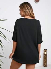 EMERY ROSE Plus Size Letter Slogan 'overstimulated' Graphic Tee Women Short Sleeve Casual Top