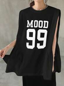 FRIFUL 女式字母印花撞色荷叶边下摆网眼嵌花圆领无袖夏季休闲街头装背心、图案 T 恤