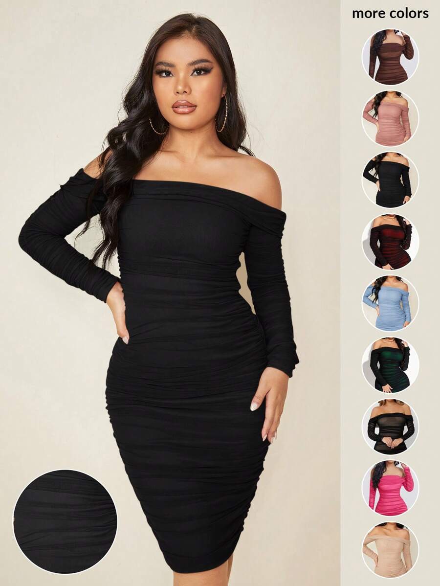 SHEIN SXY 女士透明网眼露肩连衣裙 - 黑色 - 查看 1