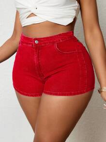SHEIN SXY Plus Size Women Bohemian Style Elastic Sexy Tie Denim Shorts - Red - View 5