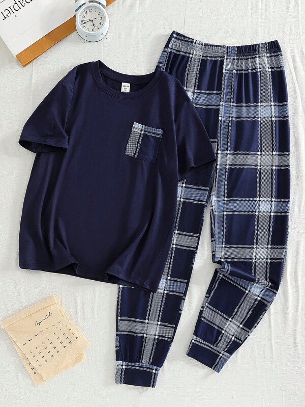 2pcs/Set Gentleman Style Plaid Pants & Short Sleeve Plaid Pocket Top, Casual Loungewear Set For Teenage Boys