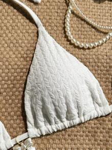 Sweetra Springbreak Swim Mod Solid Color Textured Fabric Bow & Pearl Decor Halter Triangle Cup Swimwear Tops