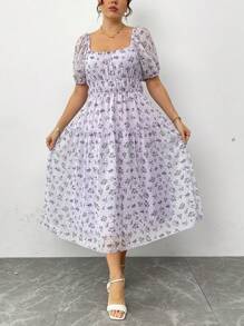 Flirla Vestido evasé con tirantes, cuello romántico y cintura ceñida para tallas grandes - Multicolor - Ver 5