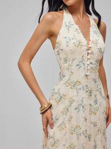 Roylia Damen V-Ausschnitt Blumenmuster geschichtetes Volant Saum Strandurlaubs Kleid