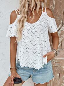 SHEIN LUNE Camiseta de mujer de verano minimalista de unicolor con bordado calado y hombros descubiertos