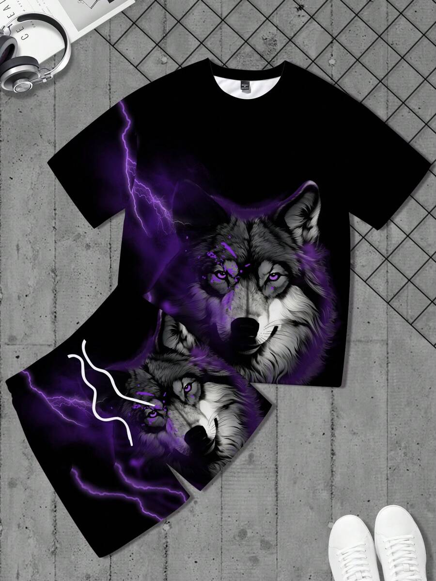 Manfinity LEGND Men's Street Style Black Base Wolf Head & Lightning Print T-Shirt Set - Multicolor - View 1