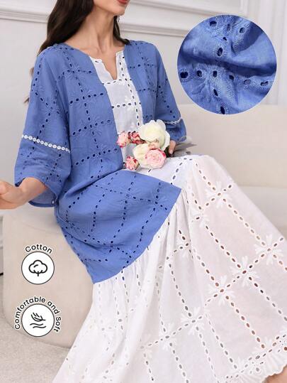 Al Najma 女式孔眼刺绣拼色拼接长裙，阿拉伯风格，端庄