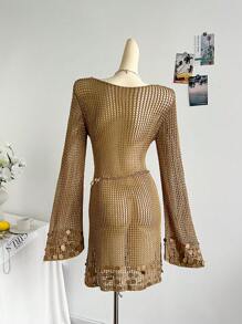 Soleia Abito mini elegante in stile boho-tropical con gusci di conchiglie e paillettes, adatto per occasioni casual, vacanze, matrimoni sulla spiaggia, lauree, brunch, San Patrizio, primavera, festival musicali, primavera/estate